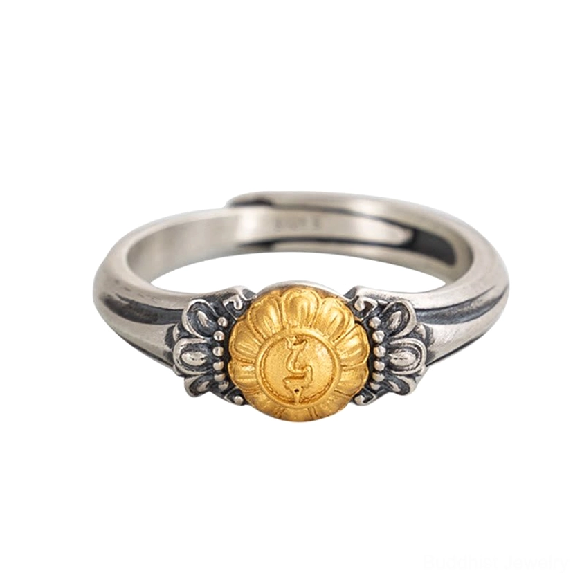 Bodhisattva Tara sterling silver protection ring with intricate gold-plated Tara emblem and floral engravings