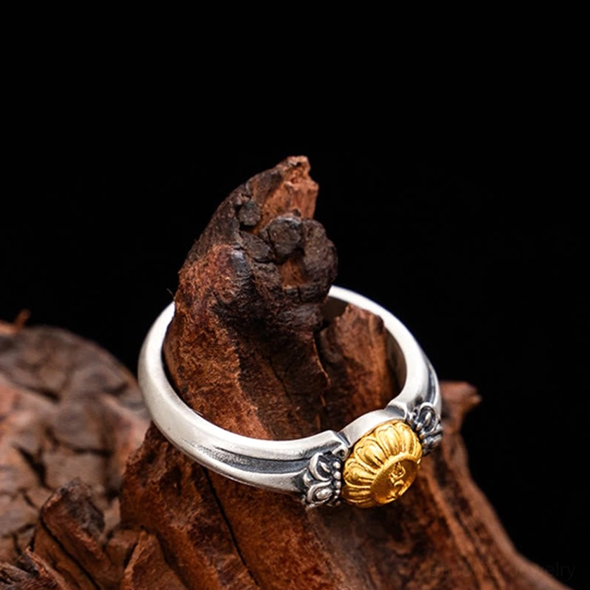 Bodhisattva Tara sterling silver ring with gold plating featuring handmade vintage texture and patina