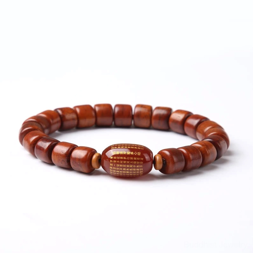 Bone bead bracelet with red agate Heart Sutra carving Buddhist meditation bracelet