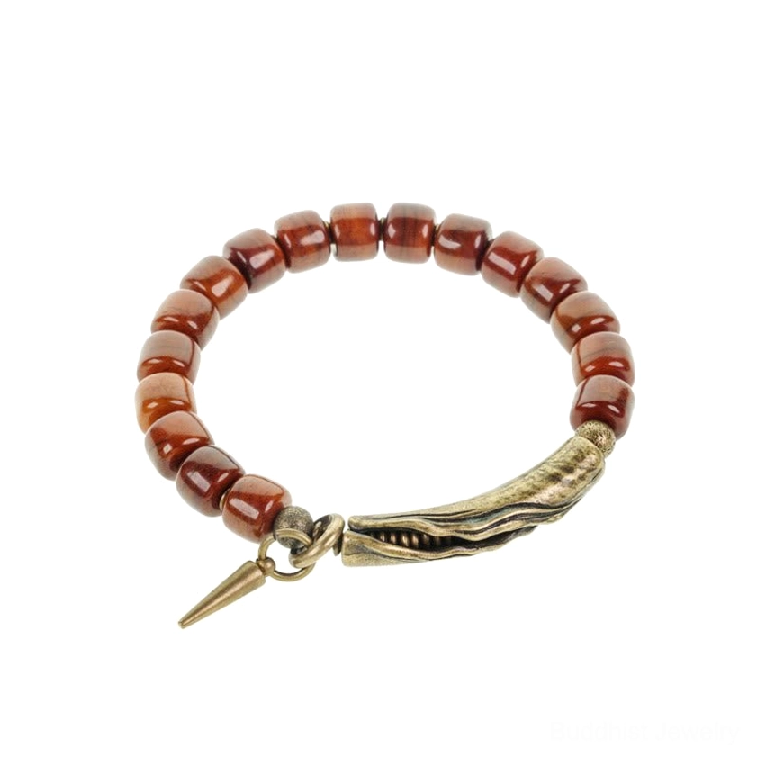 Bone beads copper cone pendant bracelet product showcase featuring complete beaded design, spike charm detail, and versatile Buddhist spiritual jewelry styling