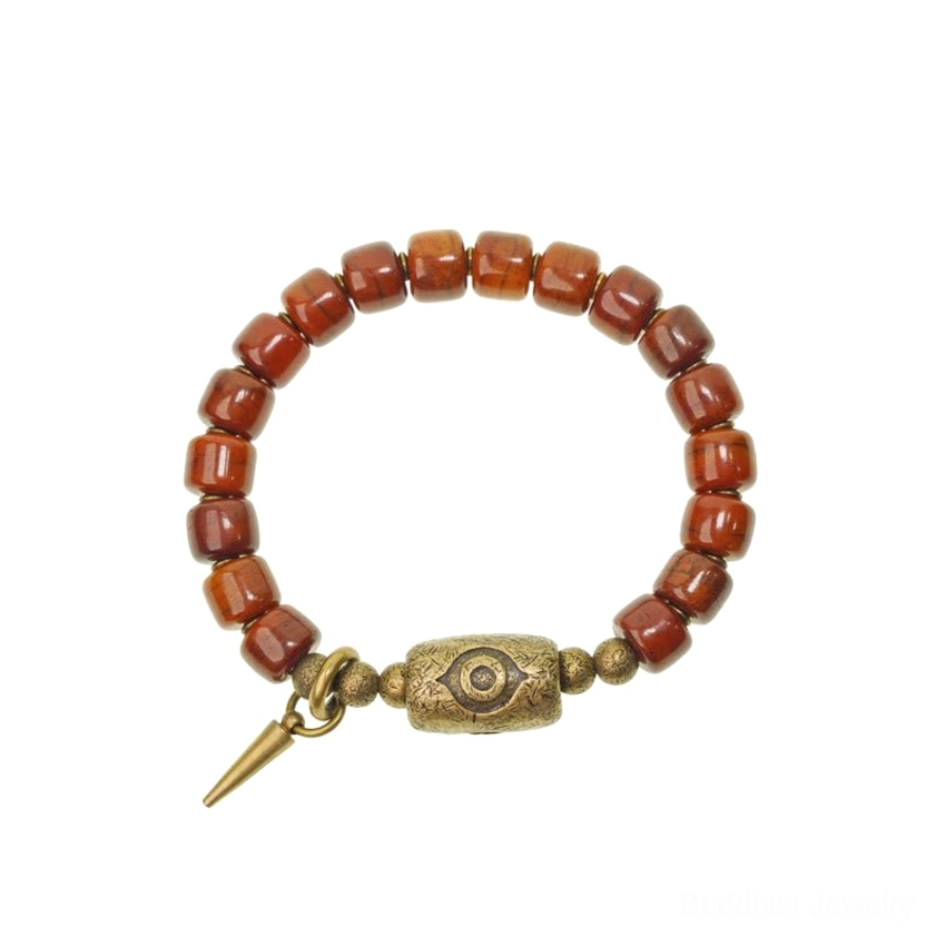 Bone beads Dzi eye copper cone strength bracelet product collection showing handmade craftsmanship and Buddhist symbolism