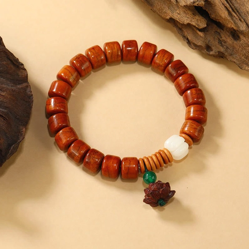 Natural bone bead prayer bracelet with wooden lotus pod spiritual charm