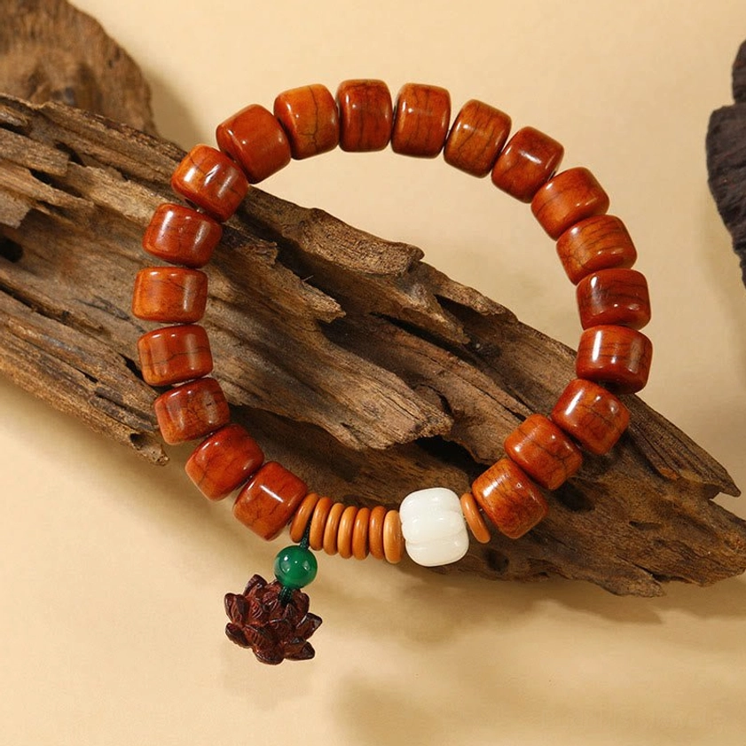 Handcrafted bone beads Buddhist bracelet with dark red lotus flower charm