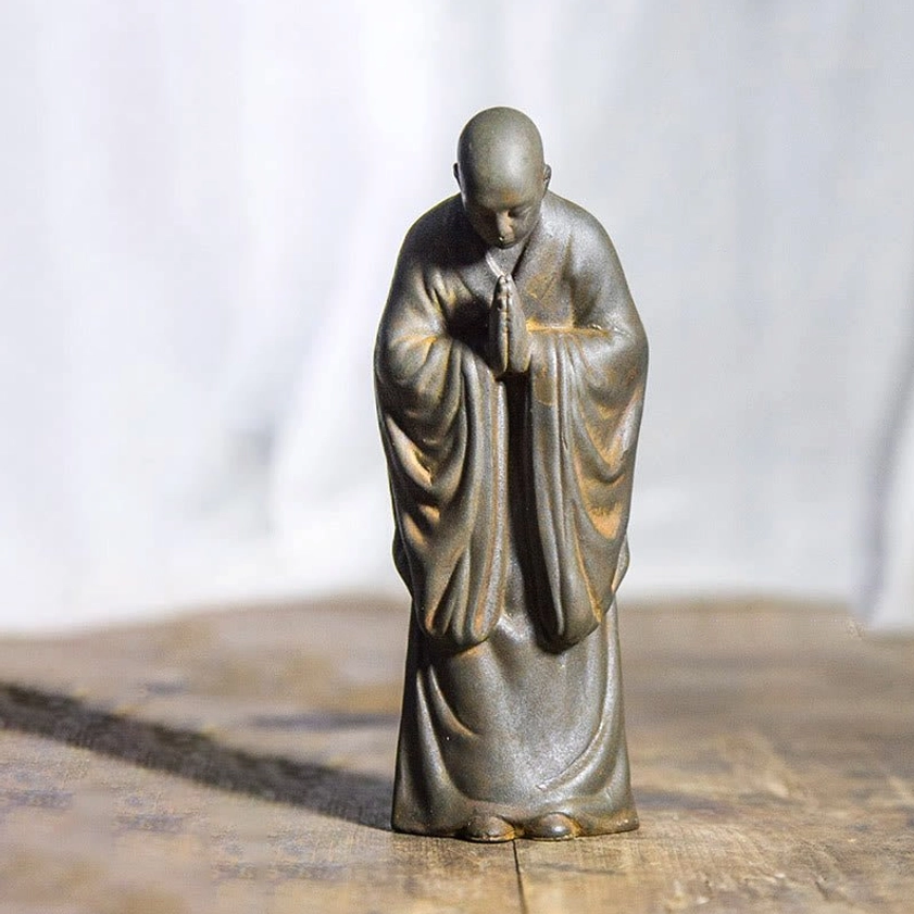 Bowed Monk Statue in Respectful Prayer Pose - Handcrafted Iron Resin Buddhist Gratitude Meditation Statue