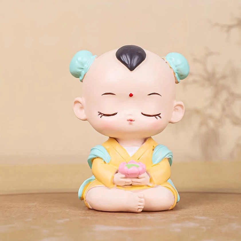Boy attendant Guanyin figurine 4cm with blue hair buns traditional Buddhist companion piece