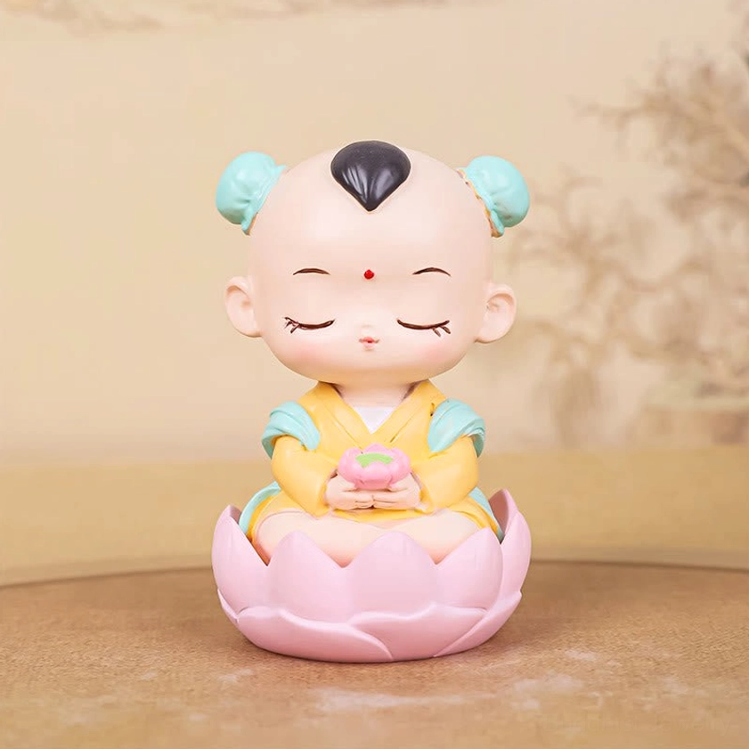 Boy Lotus attendant figure 4.1cm on pink lotus base handmade resin Buddhist companion