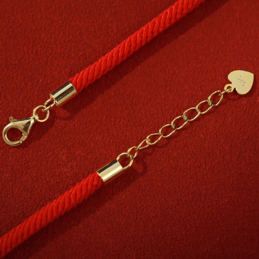 Silver lobster clasp, gold heart charm tag, and adjustable extension chain for red string bracelet