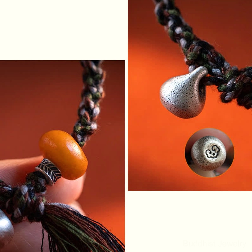 Detail close-ups of steelyard weight bracelet showing amber stone knot, engraved silver pendant and braided texture