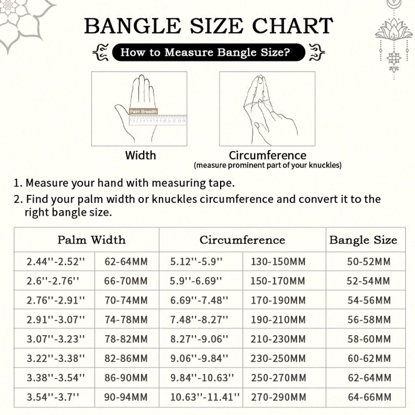 Buddhist bracelet size measurement guide showing hand measurement steps and size conversion chart in inches and millimeters