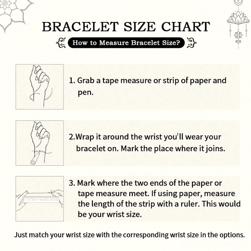 Bracelet size measuring guide chart showing how to measure wrist circumference and find correct bracelet fit