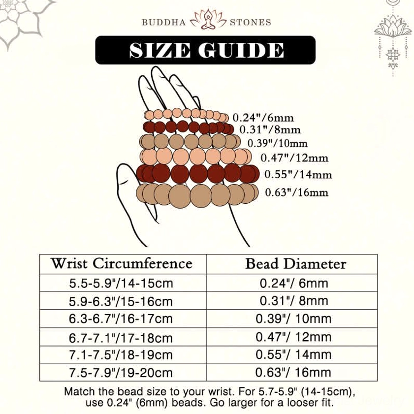 Wrist circumference and bead size matching reference chart for Buddhist bracelets