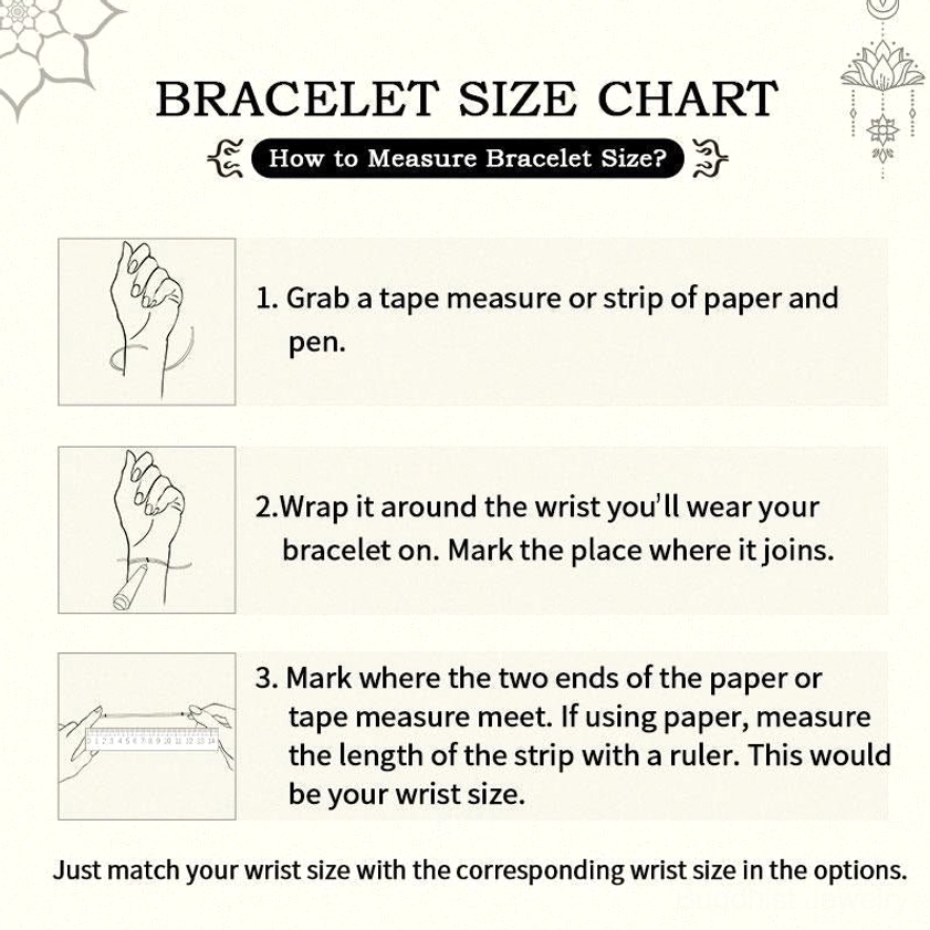 Bracelet size measurement guide infographic showing 3-step wrist sizing tutorial for proper fit