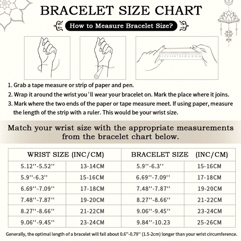 Bracelet wrist measurement sizing chart with official size matching table for proper fit