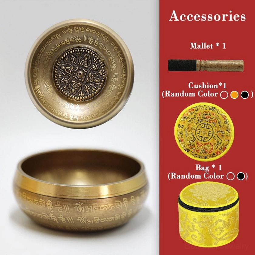 Brass singing bowl with carved floral bottom pattern and full set of accessories including wooden mallet, embroidered cushion, and travel bag