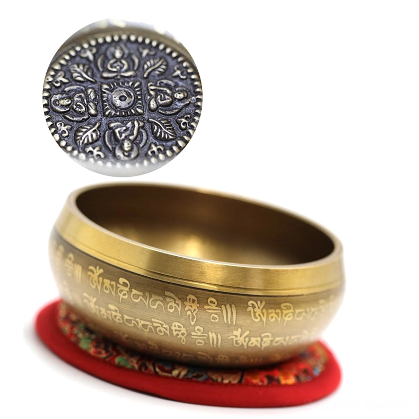 Handcrafted brass singing bowl for meditation, yoga practice, and sound healing therapy with engraved Buddhist mantras