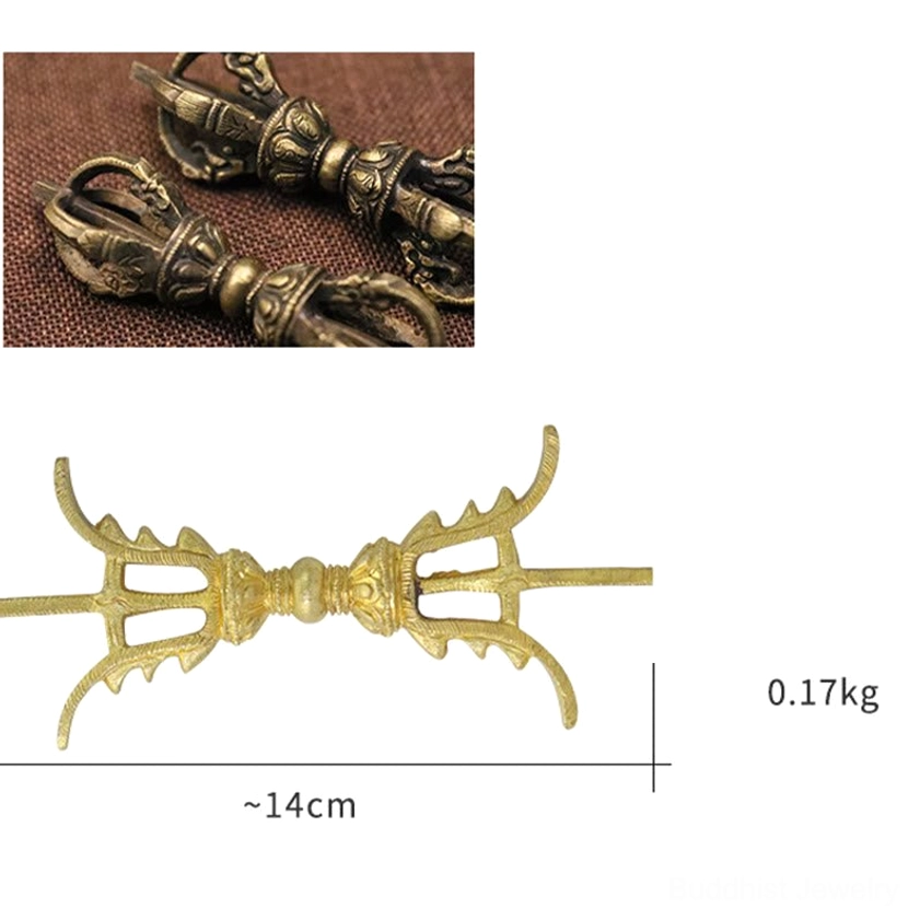Brass vajra dorje hand-carved by Nepalese artisans, authentic Buddhist meditation tool with intricate relief work