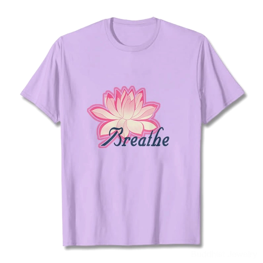 Buddhist spiritual breathe lotus flower t-shirt back view showing shirt structure and fit on model