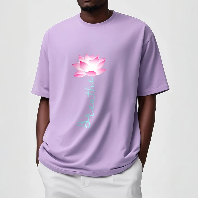 Breathe lotus mindfulness t-shirt artistic lotus flower and text design closeup