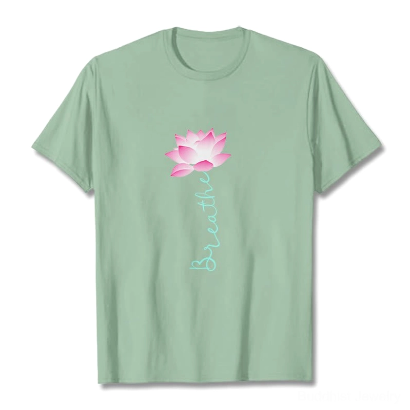 Breathe lotus t-shirt product detail shot showing print quality and cotton fabric