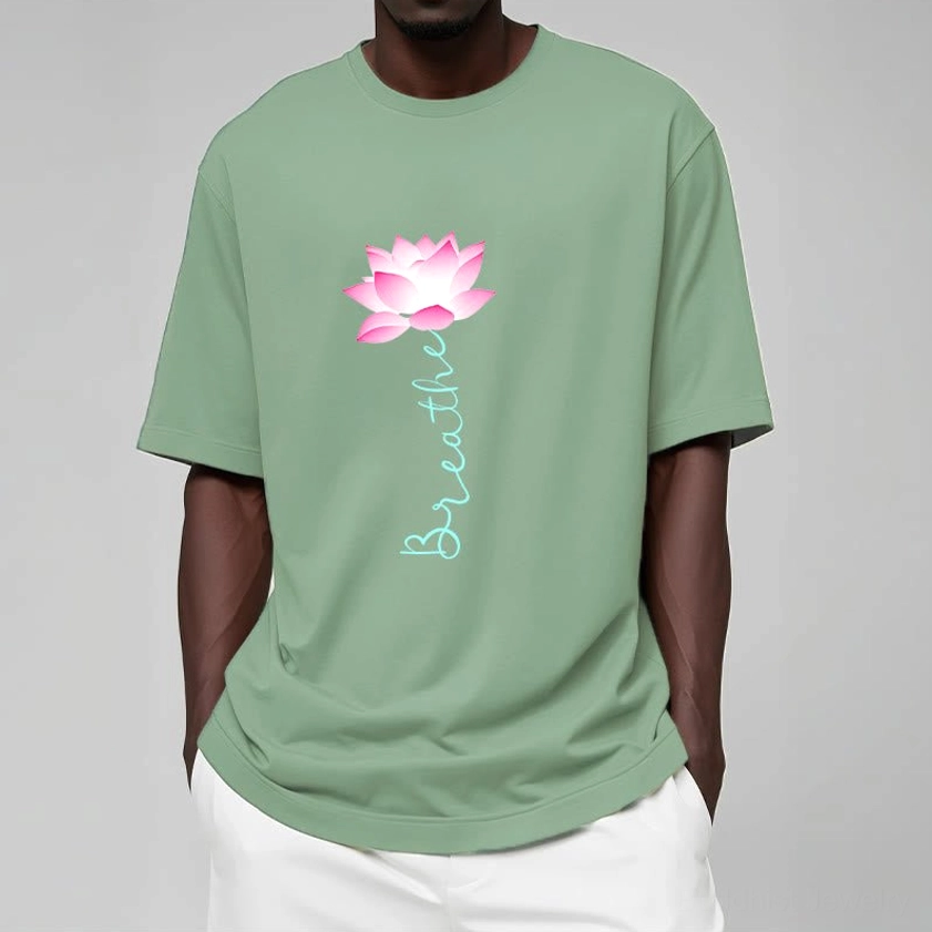 Breathe lotus Buddhist tee shirt worn lifestyle image meditation apparel