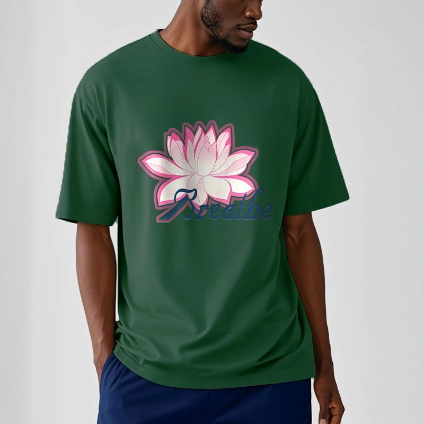 Buddhist mindfulness breathe lotus flower t-shirt light cyan color with pink lotus graphic print detail view