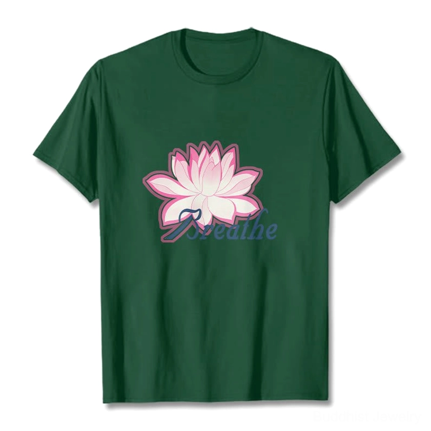 Breathe lotus flower light cyan blue t-shirt flat lay with pink lotus and dark blue text on light background