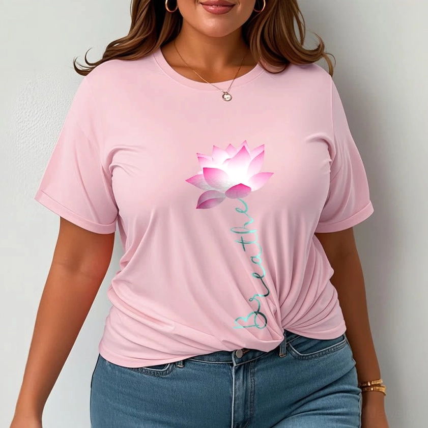 Light cyan breathe lotus mindfulness tee worn by model casual style