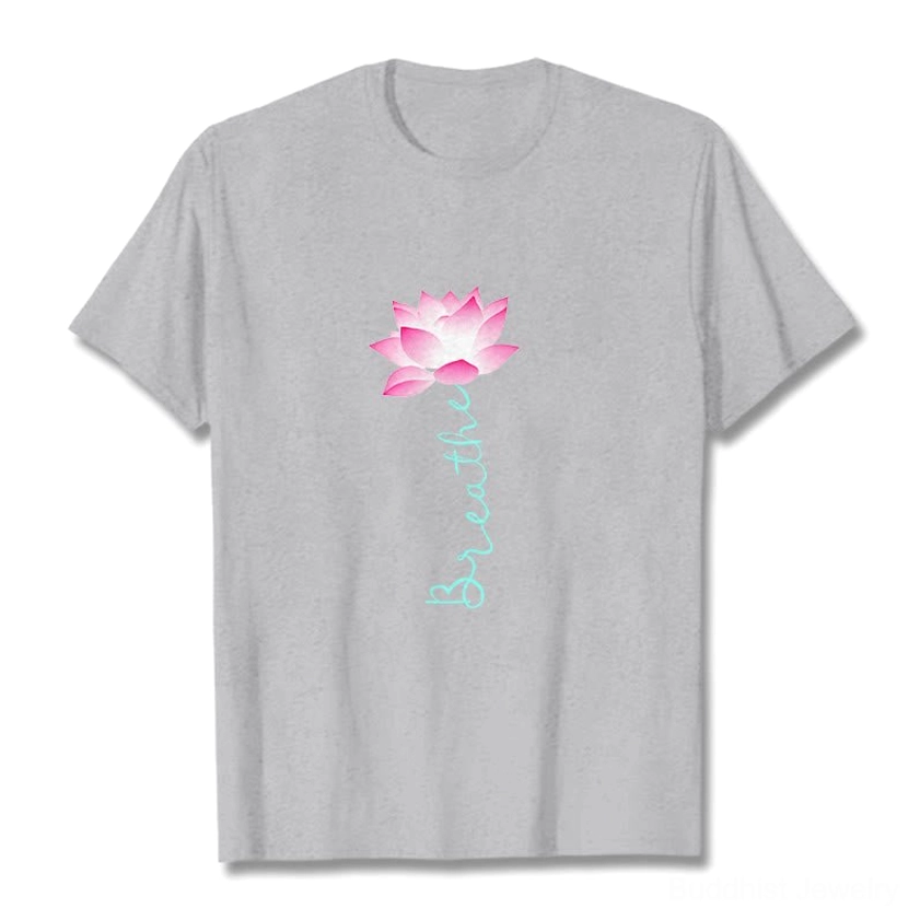 Light grey breathe lotus Buddhist tee flat lay front view with complete design