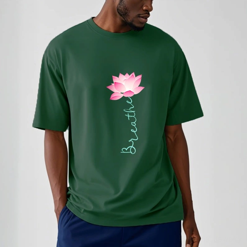 Light grey breathe lotus Buddhist tee shirt display on model