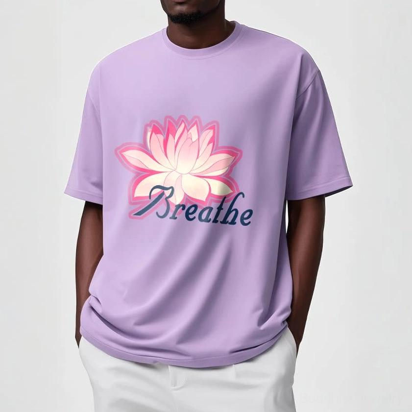 Mindfulness breathe lotus flower unisex t-shirt side view on female model showing relaxed fit design