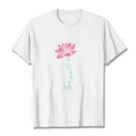 Breathe lotus mindfulness t-shirt white flat lay front view with pink lotus and teal text design