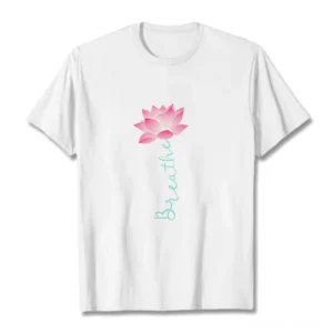Breathe lotus mindfulness t-shirt white flat lay front view with pink lotus and teal text design