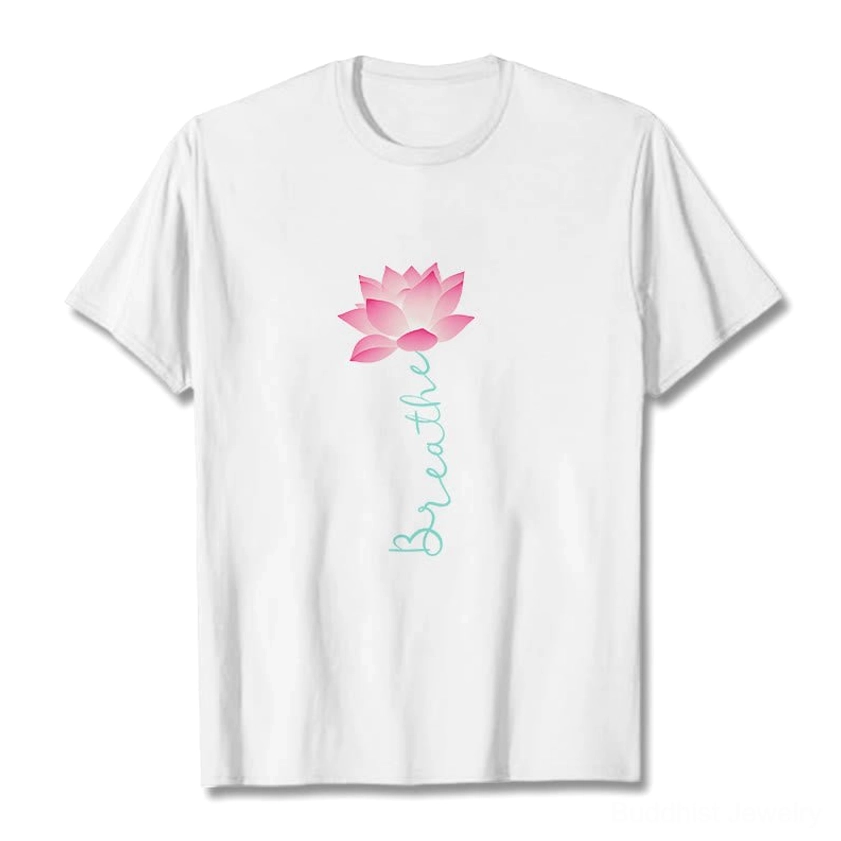 Breathe lotus mindfulness t-shirt white flat lay front view with pink lotus and teal text design