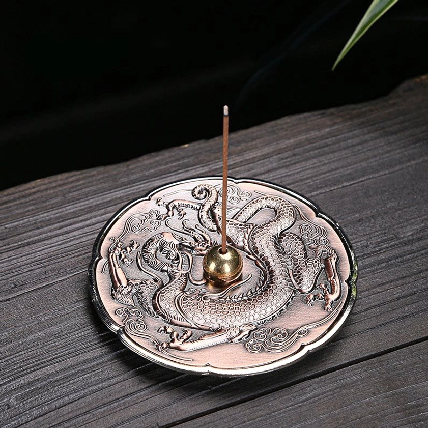 Bronze Tone Dragon Pattern Incense Holder – Handcrafted Copper Alloy with Cloud Design Detail