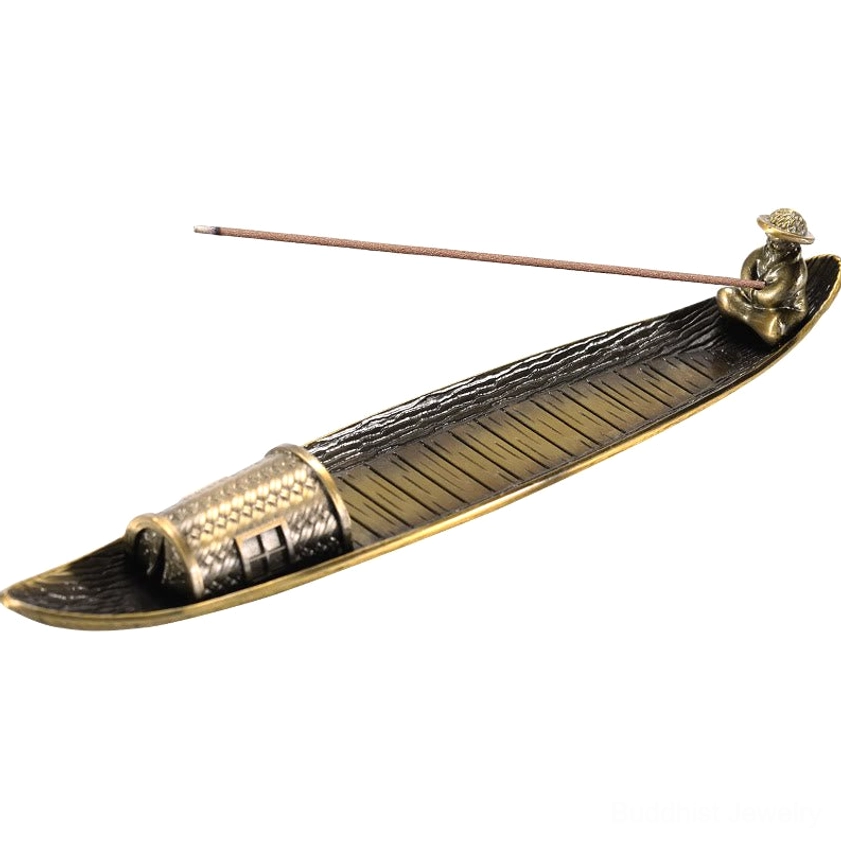 Antique bronze fishing boat incense burner with woven cabin and placed incense stick