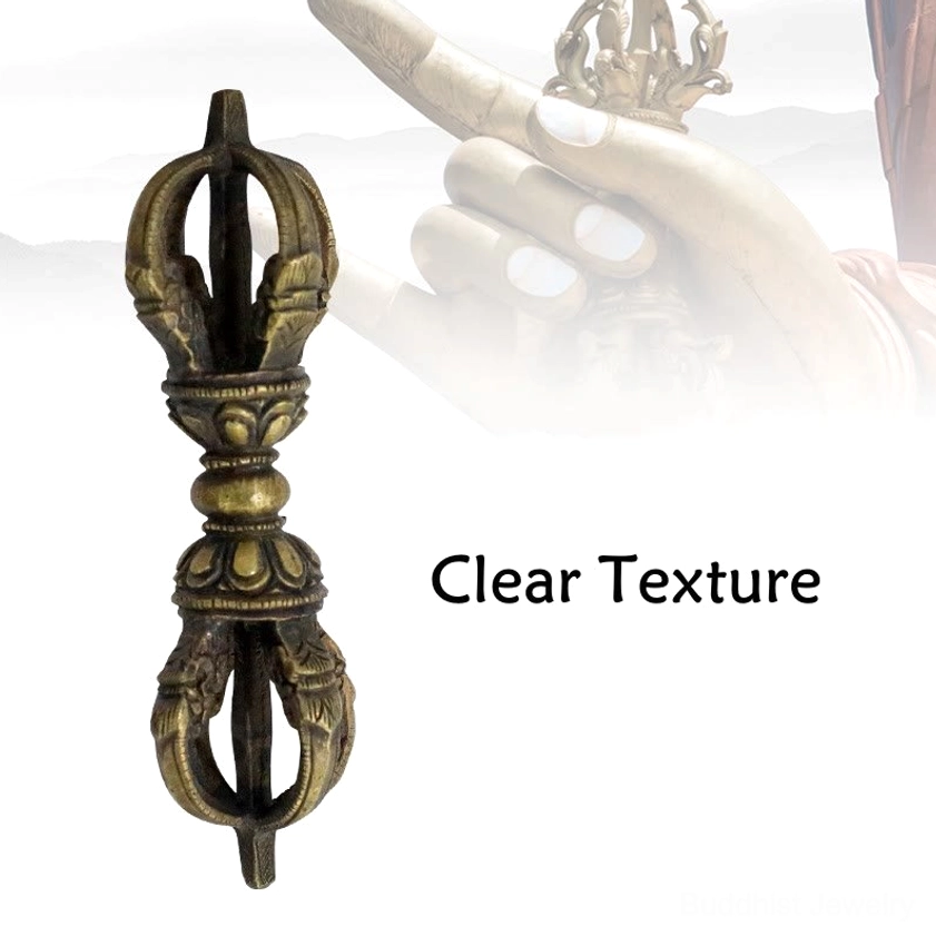 Bronze five-prong vajra dorje frontal view showing exposed carved texture and antique bronze tone with clear detail