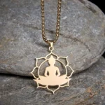 Bronze lotus buddha pendant necklace front view handcrafted stainless steel
