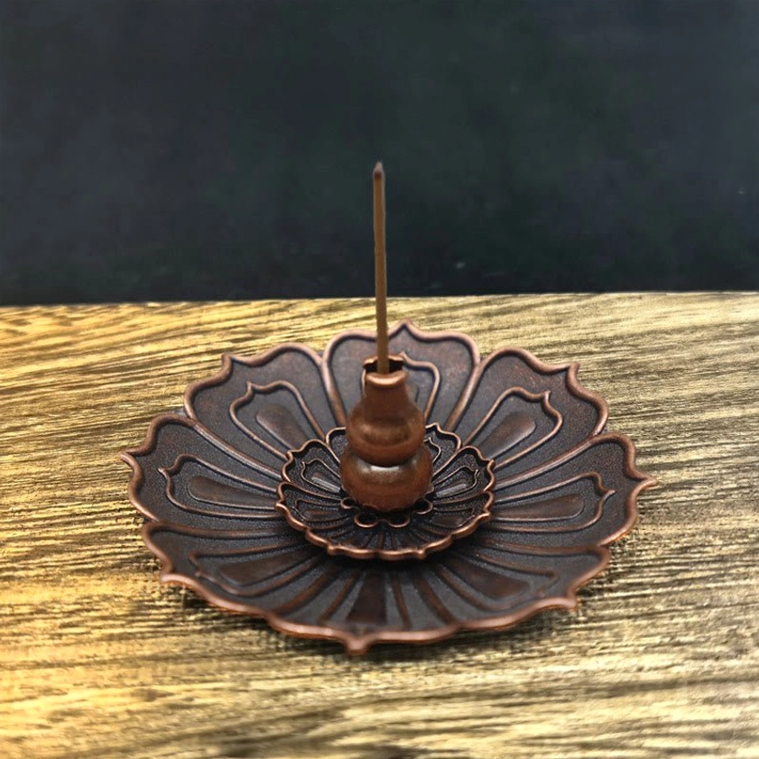 Bronze lotus incense burner with gourd design and petal-shaped tray for spiritual rituals