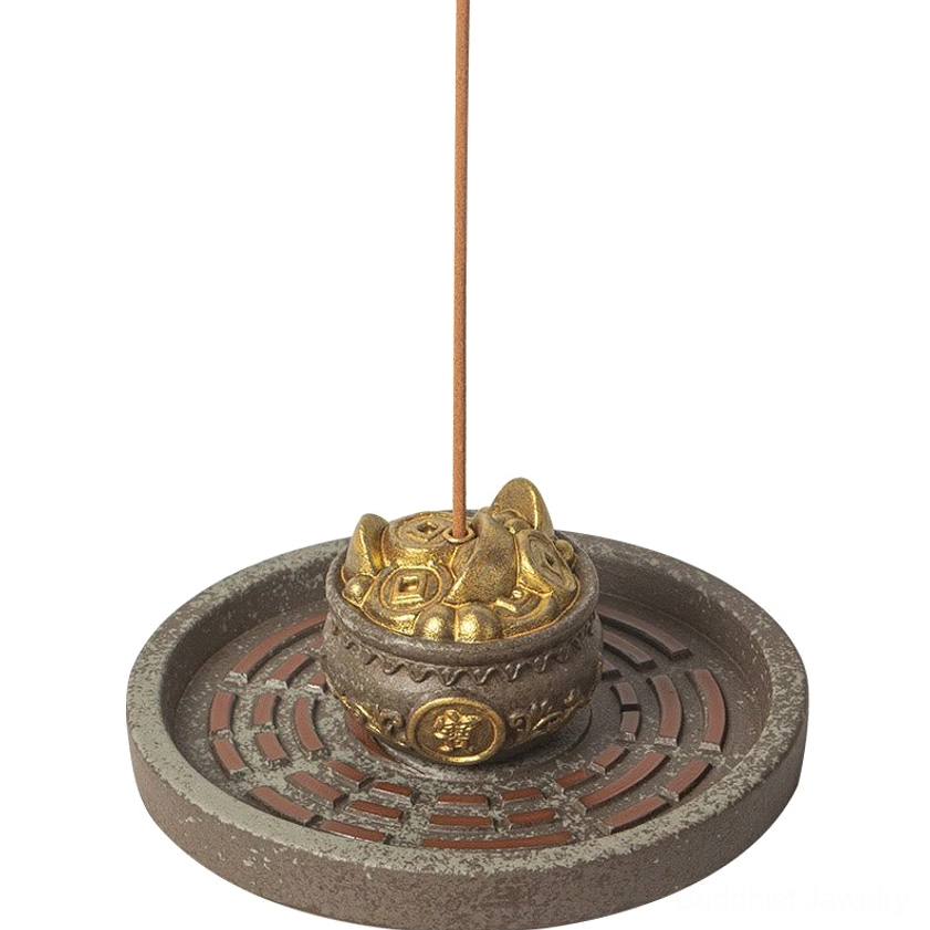 Brown ceramic Bagua incense burner with treasure bowl featuring authentic Buddhist iconography and healing properties