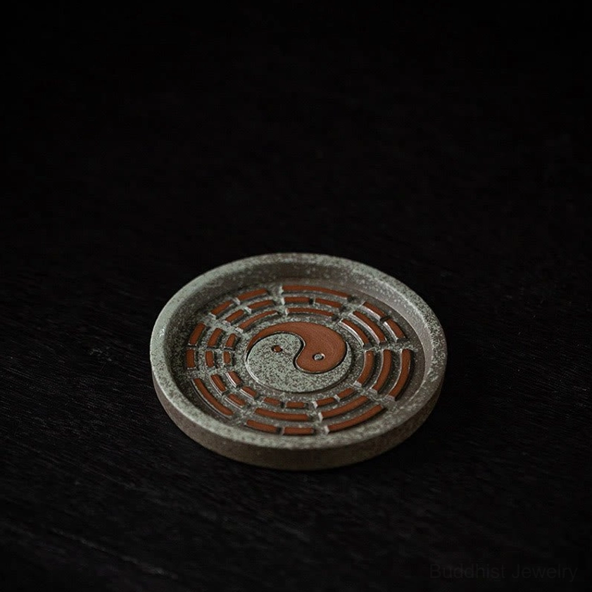 Brown Bagua ceramic tray incense burner with engraved patterns for grounding and spiritual balance practice
