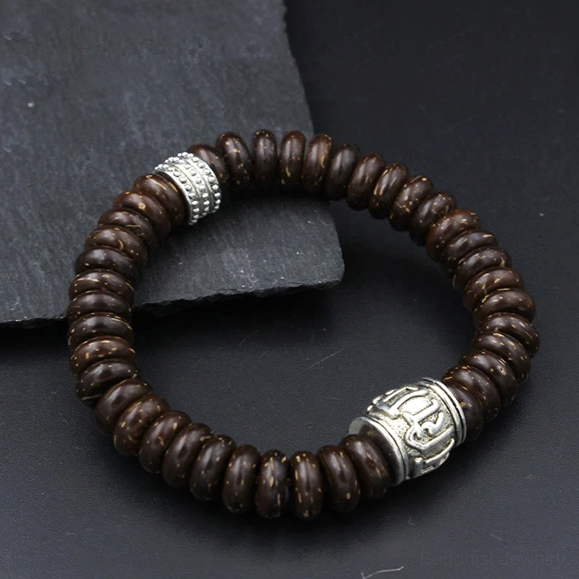 White silver and brown coconut shell Om Mani Padme Hum bracelet with elegant metal spacer accents