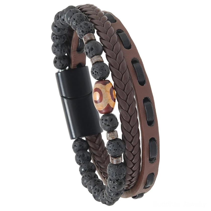 Brown leather nine-eye dzi bead lava rock bracelet front view magnetic clasp
