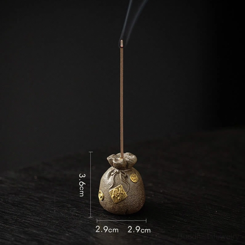 Brown lucky bag ceramic incense burner compact size portable for office desk and travel meditation