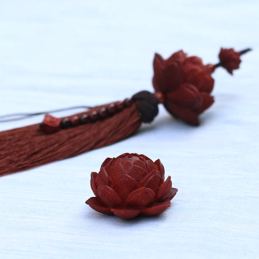 Brown sandalwood lotus tassel charm car hanging with long tassel and carved lotus pendant