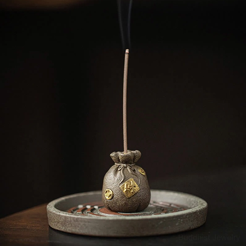 Brown Bagua treasure bowl incense holder with embossed coin patterns for Buddhist spiritual practice
