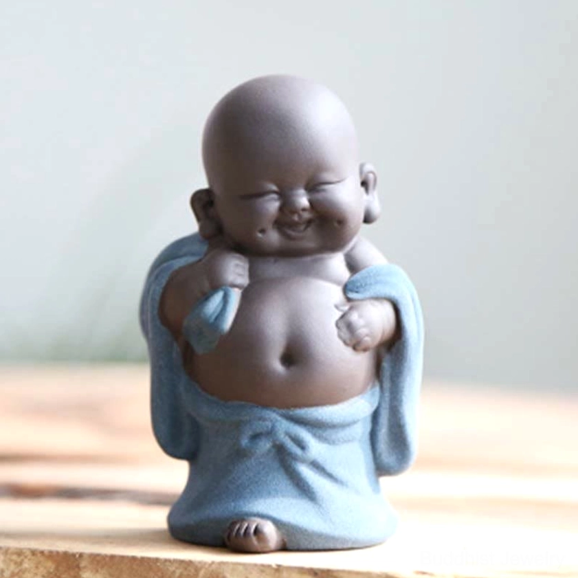 Budai laughing Buddha ceramic figurine, handcrafted clay sculpture for meditation and contentment practice