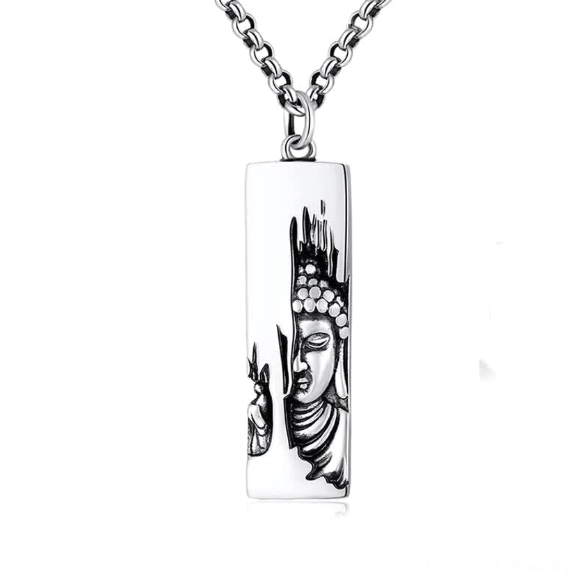 Buddha strength amulet necklace with thick curb chain - front view on white background showing pendant detail