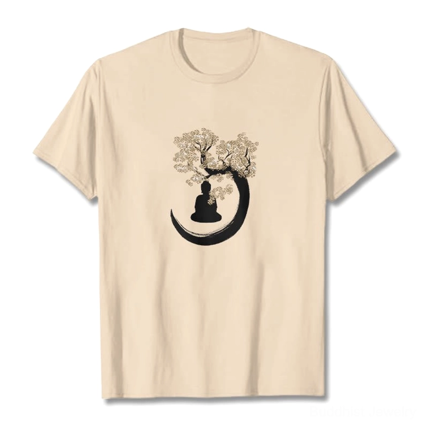 Beige Buddha Bodhi tree t-shirt front view flat lay with black and gold spiritual print