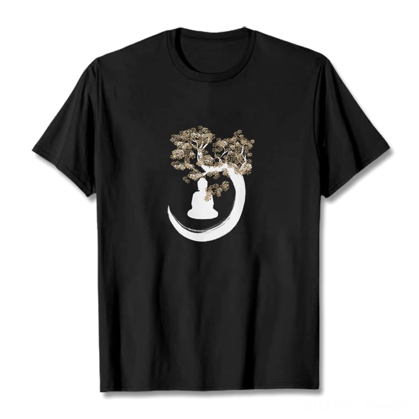 Black Buddha under the Bodhi tree t-shirt front view flat lay with white and gold spiritual print