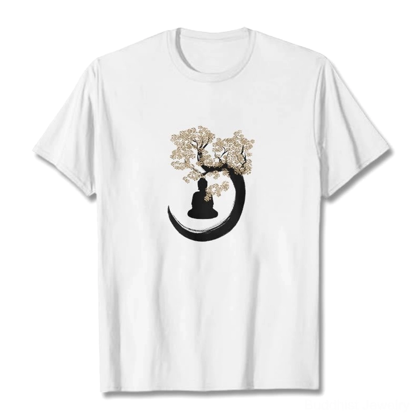 Collection of Buddha under tree t-shirts in multiple colors showing color variants available